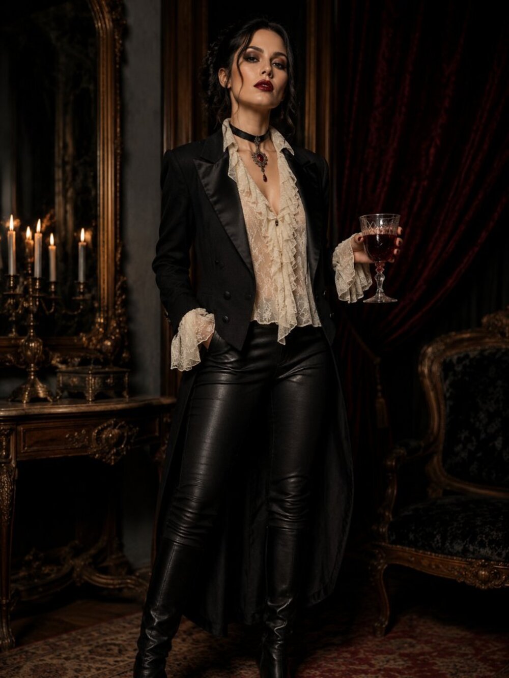 HALLOWEEN: Victorian Vampire Countess Costume Tuxedo Jacket Lace Blouse Gothic